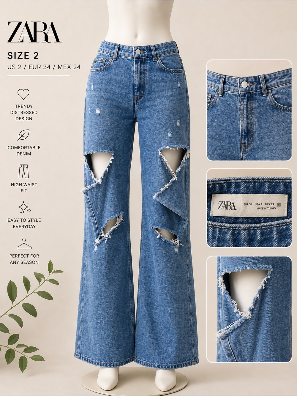 ZARA Light Blue High-Rise Distressed Wide-Leg Jeans